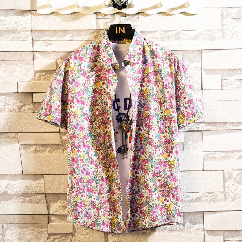 Herren Sommerhemd Mit Blumenmuster, Kurzarm, Reverskragen, Schmaler Passform, Cardigan-Stil, Mehrfarbig