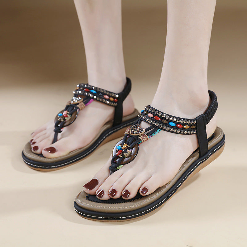 Damen-Sommer-Flip-Flops Mit Strasssteinen, Runder Zehenpartie Und Elastischem Band