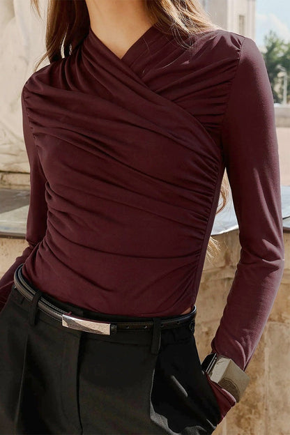 Damen-Strickpullover mit drapiertem V-Ausschnitt und langen Ärmeln