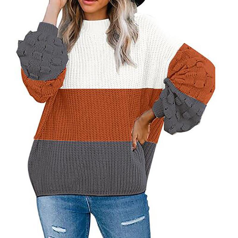 Women's knitted sweater with loose fit, round neckline, and puff sleeves