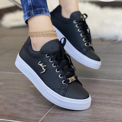Damen Flache Schnürsneaker Atmungsaktiv Rundkappe Niedriger Schaft PU-Sohle