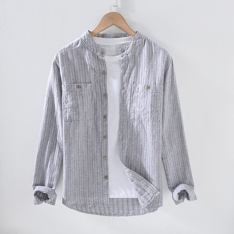 Men's Long-Sleeve Shirt with Standing Collar, Double Pockets, and Stripes