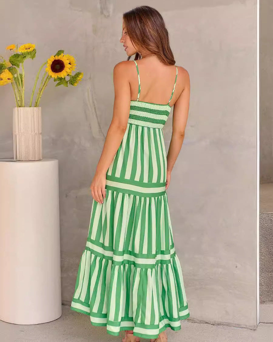 Women's summer maxi dress with stripe pattern, square neckline, backless & pockets – light style