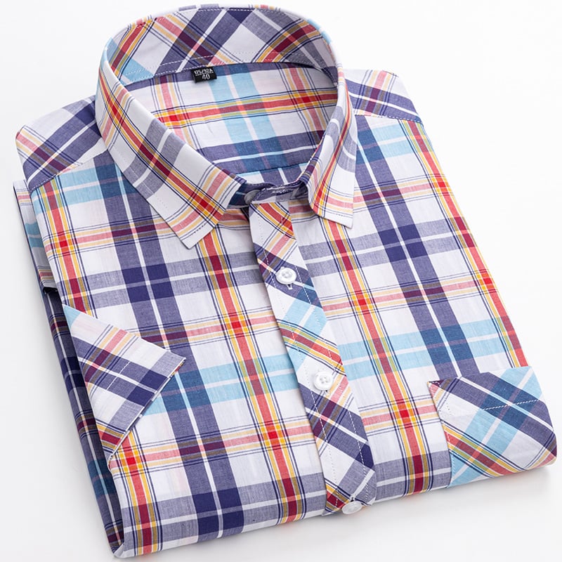 Men's Short-Sleeve Shirt with Check Pattern and Button Placket – Cotton Blend