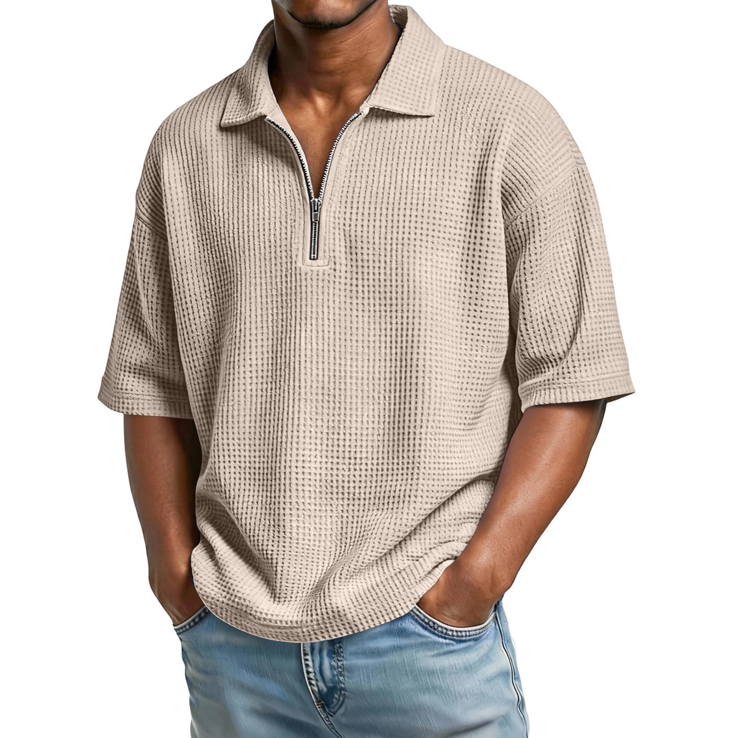 Herren Sommer Waffelstrick Poloshirt – Kurzarm Normale Passform