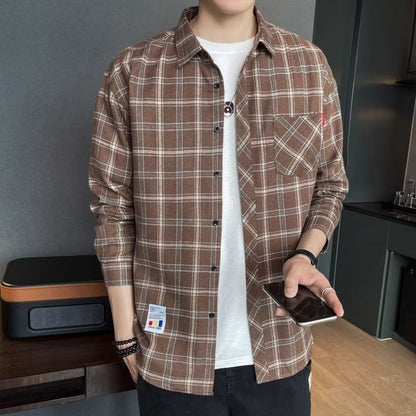 Long-sleeved checked men's shirt for spring with a slim fit