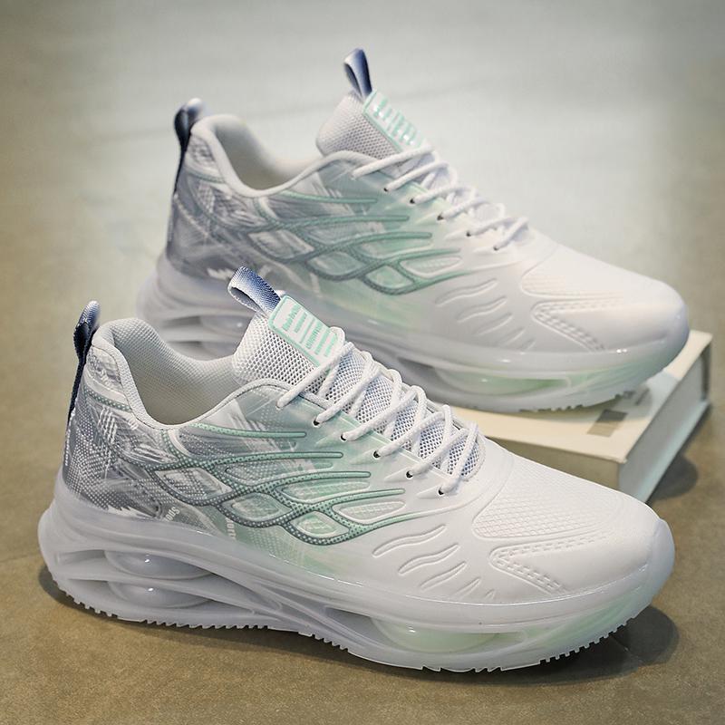Weiße Sportschuhe mit grünem Akzent, atmungsaktives Mesh, dicke Sohle, ideal für Laufen und Fitness. Moderne Sneaker für Herren und Damen.