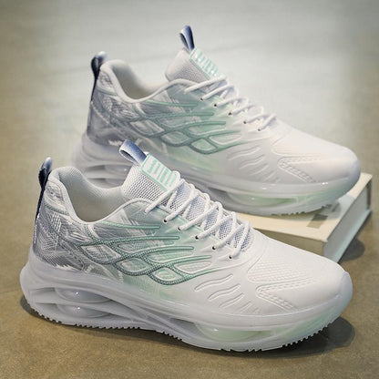 Weiße Sportschuhe mit grünem Akzent, atmungsaktives Mesh, dicke Sohle, ideal für Laufen und Fitness. Moderne Sneaker für Herren und Damen.
