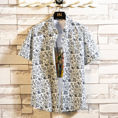Herren Sommerhemd Mit Blumenmuster, Kurzarm, Reverskragen, Schmaler Passform, Cardigan-Stil, Mehrfarbig