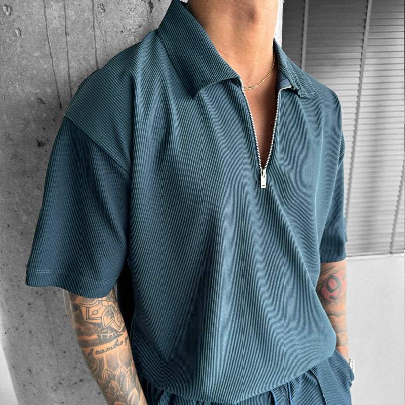Men's Polo Shirt with Zipper, Drawstring Shorts, Two-Piece Set Made of Cotton Blend, Sporty Casual Outfit for Summer