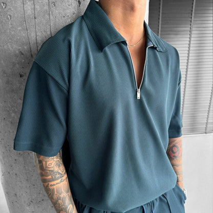 Men's Polo Shirt with Zipper, Drawstring Shorts, Two-Piece Set Made of Cotton Blend, Sporty Casual Outfit for Summer