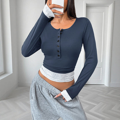 Damen Langarm-Top Mit Slim-Fit-Passform, Rundhalsausschnitt Und Fake-Two-Piece-Design
