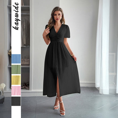 Sommer-Maxikleid Für Damen Mit Tiefem V-Ausschnitt, Kurzen Ärmeln Und Faltenrock