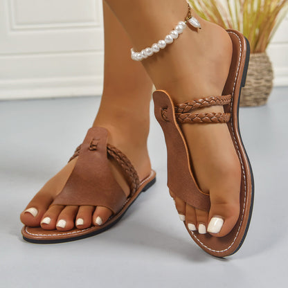Damen Sommer Strandpantoffeln Aus Gewebtem Material, Offene Zehen, Zum Hineinschlüpfen
