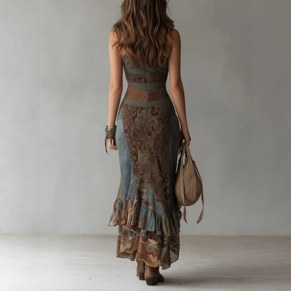 Retro-Maxikleid Mit Patchwork-Print, Asymmetrischem Muster Und Langem Schlitz Für Damen