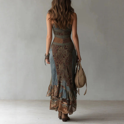 Retro-Maxikleid Mit Patchwork-Print, Asymmetrischem Muster Und Langem Schlitz Für Damen