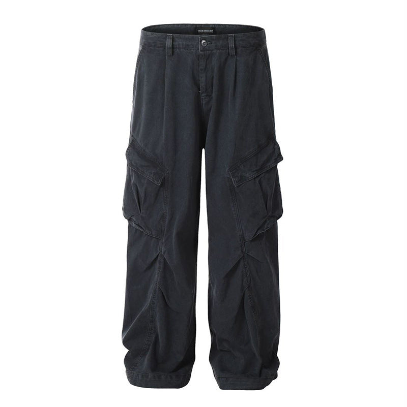 Men's Work Pants with Wide Legs, Multiple Pockets, Straight Fit, Mid-Rise Waist, and Belt
