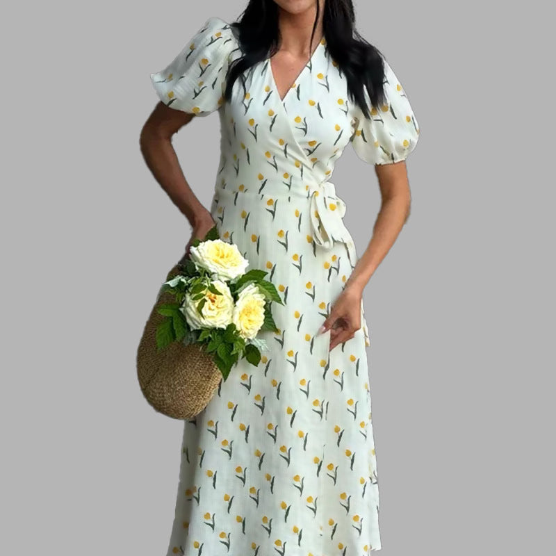 Sommerkleid Für Damen, Midi-Länge, Geblümt, V-Ausschnitt, Puffärmel, Hoher Bund