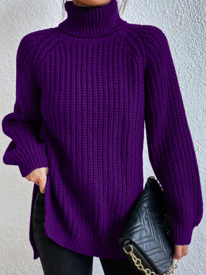 Women's Turtleneck Sweater with Raglan Sleeves and Slit Hem – Cotton Blend