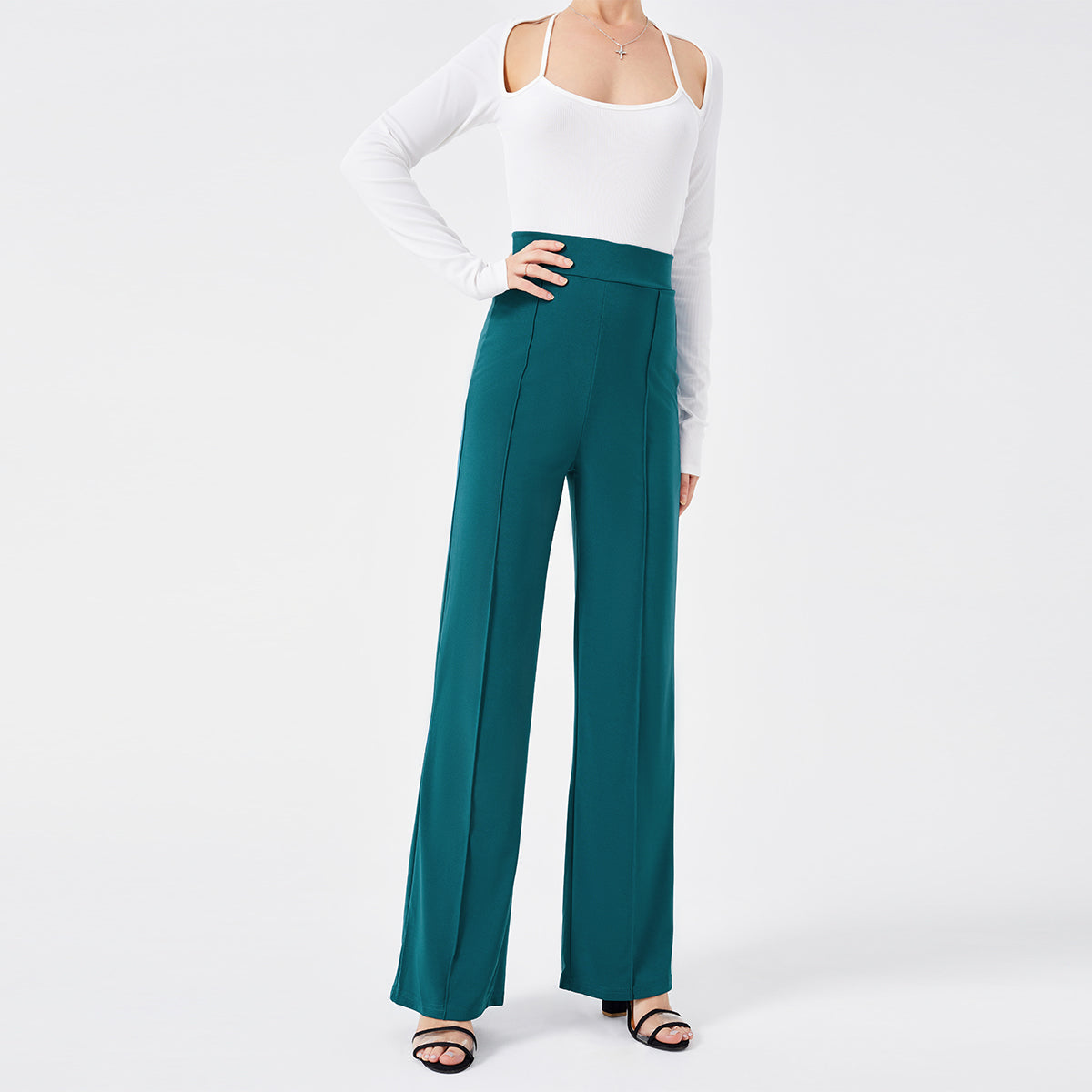 Damen Hochtaillen-Slim-Schlaghose in Unifarbe