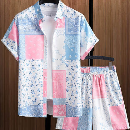 Men's Hawaiian Shirt with Lapel Button and Shorts, Two-Piece Set, Short Sleeve, Lightweight Polyester Fabric, Various Sizes