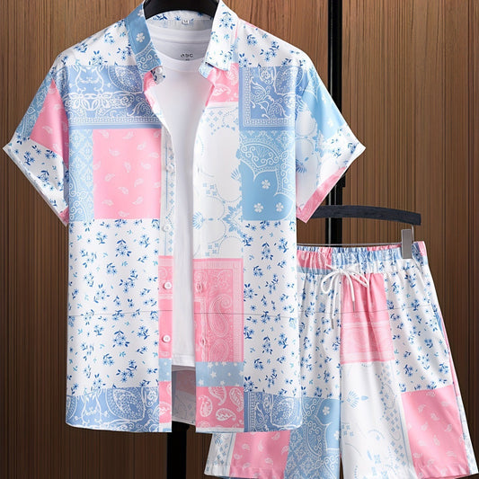 Herren Hawaiihemd Mit Reversknopf Und Shorts, Zweiteiliges Set, Kurzarm, Leichtes Polyestergewebe, Verschiedene Größen