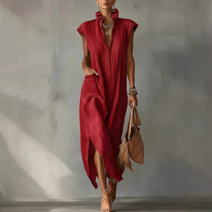 Ärmelloses, Einfarbiges Hemdkleid Im Baumwoll-Leinen-Stil Für Damen – Mittellang, Locker Geschnitten