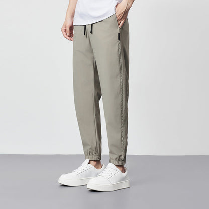 Men's summer pants made of ice silk, cool, thin, shortened, tapered slim fit, mid-rise waist, ankle-length, drawstring, micro-elastic