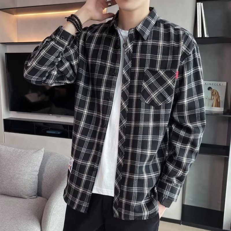 Long-sleeved checked men's shirt for spring with a slim fit