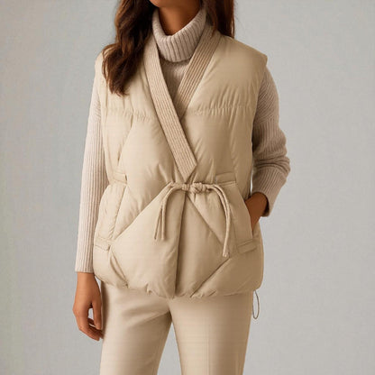 Women's Autumn Quilted Vest with Waist Belt and Side Pockets