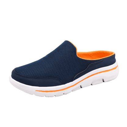 Dunkelblauer Herren-Slipper mit weißer Sohle und orangefarbenem Innenfutter. Bequemer Freizeitschuh, atmungsaktiv, ideal für Sommer und Alltag.