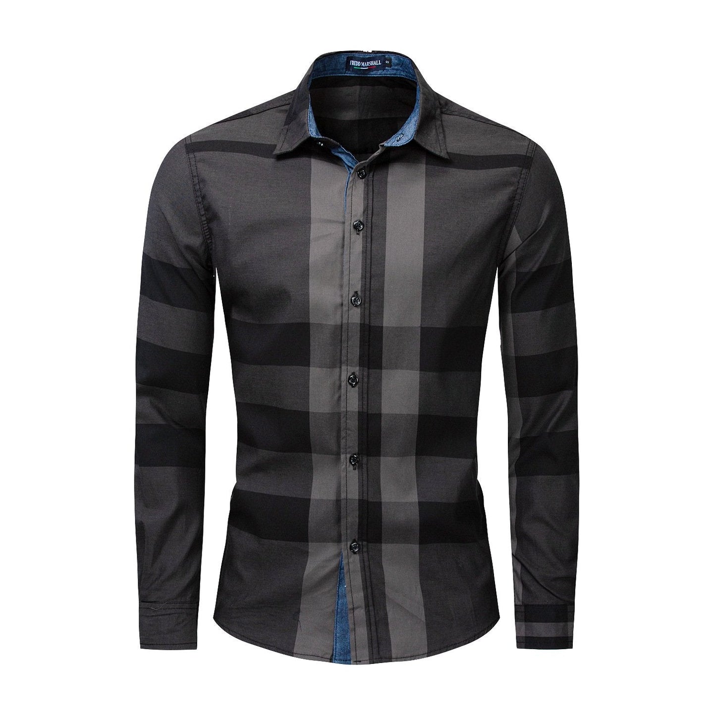 Men's long-sleeve cardigan shirt with checkered pattern and color block design