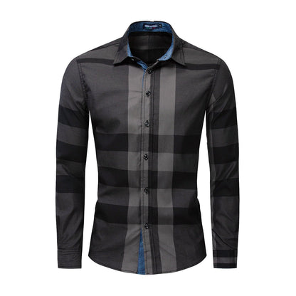Men's long-sleeve cardigan shirt with checkered pattern and color block design