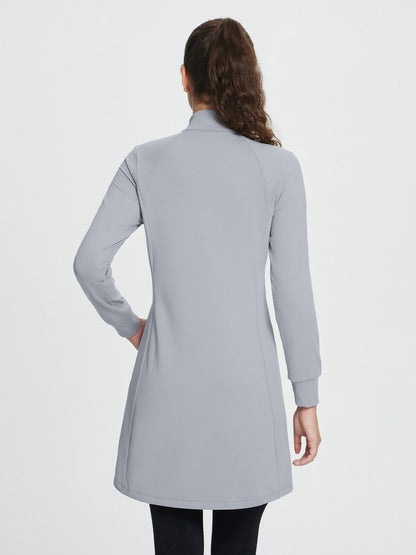 Women's winter dress with zipper stand-up collar, side pockets, and slitted hem