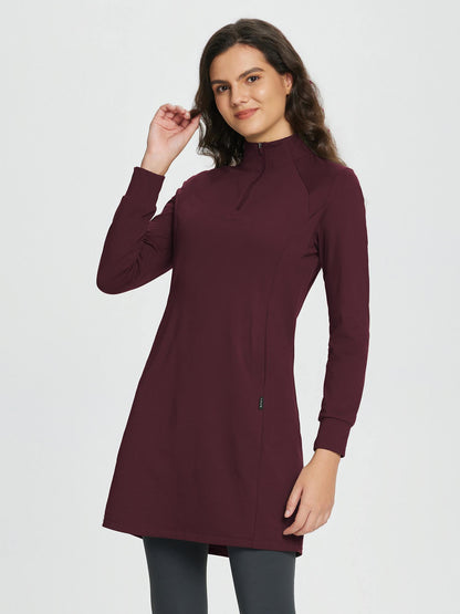 Women's winter dress with zipper stand-up collar, side pockets, and slitted hem