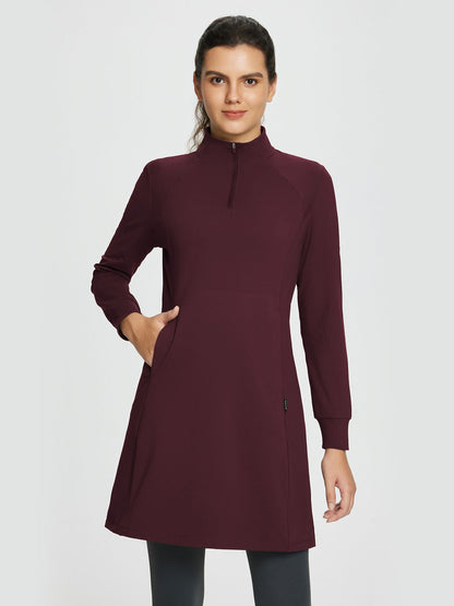 Women's winter dress with zipper stand-up collar, side pockets, and slitted hem