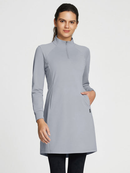 Women's winter dress with zipper stand-up collar, side pockets, and slitted hem