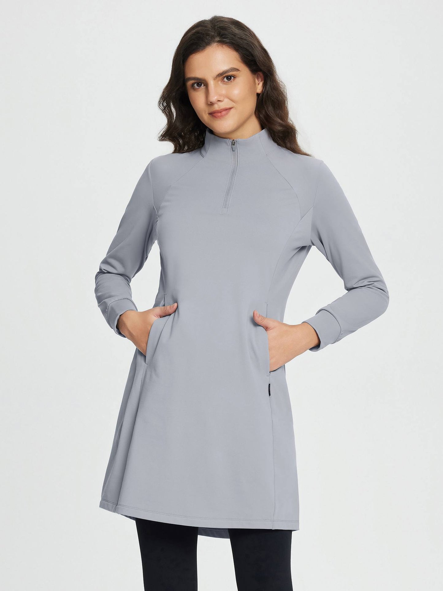 Women's winter dress with zipper stand-up collar, side pockets, and slitted hem