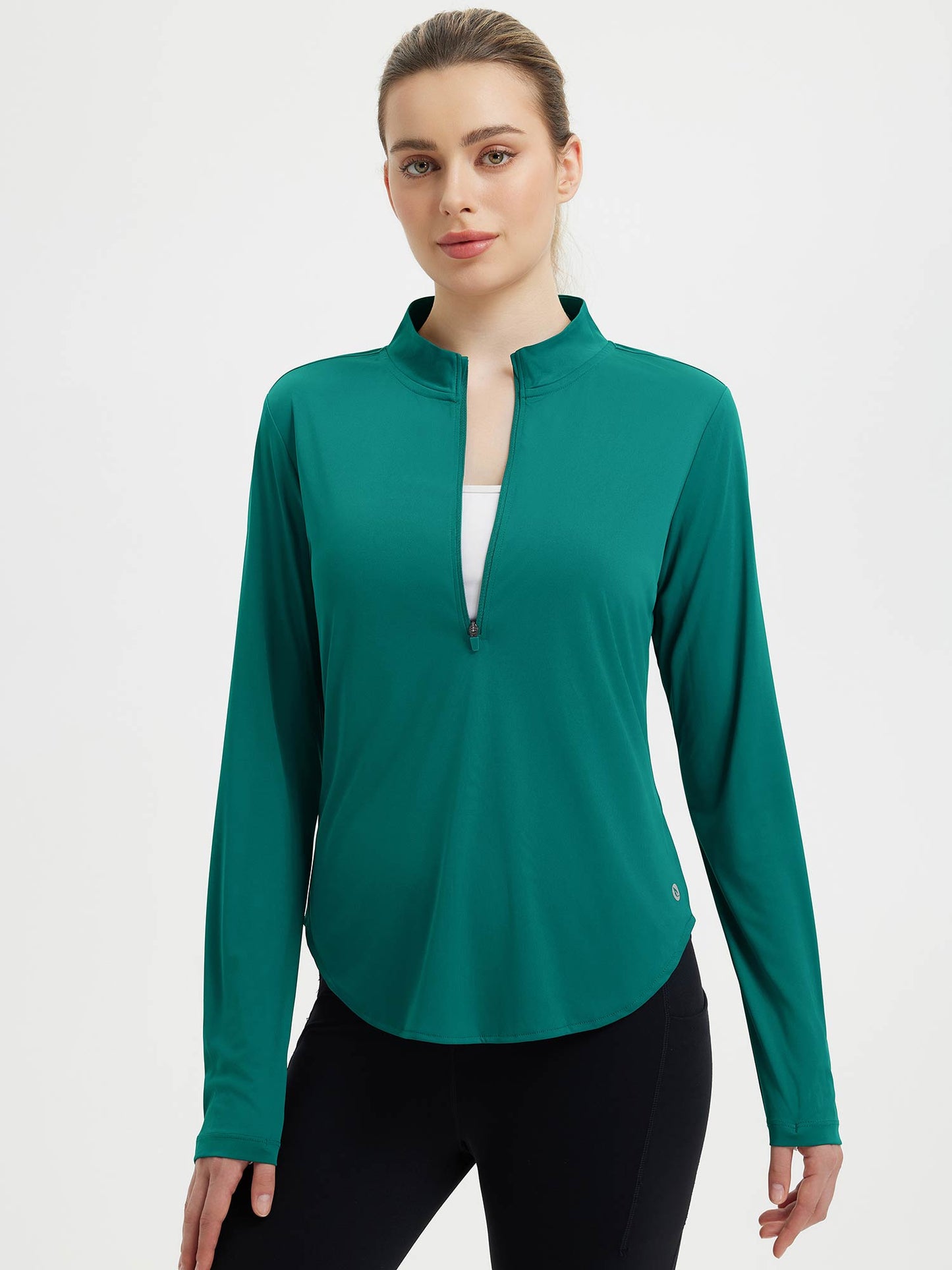 Women's Long-Sleeve Shirt with Rounded Hem and Thumbholes