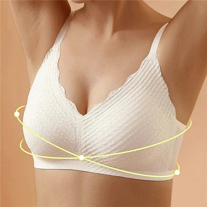 Damen-BH ohne Bügel in Weiß, nahtloses Design, komfortabel, stützender Halt, ideal für den Alltag, weiches Material, modisch und funktional.