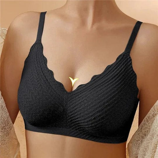 Schwarzer, nahtloser Damen-BH mit V-Ausschnitt und Spitzenmuster, bequem und stilvoll, ideal für den täglichen Gebrauch.