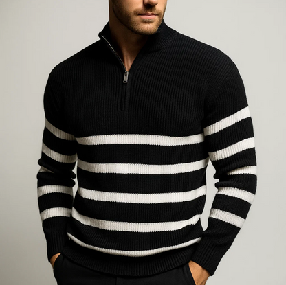 Men's zip sweater with ribbed texture and stripe pattern, stand-up collar