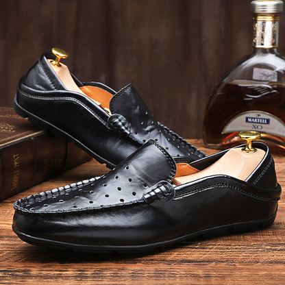Herren Sommer-Loafer Aus Schwarzem Leder Mit Perforationen Und Anti-Schock-Sohle