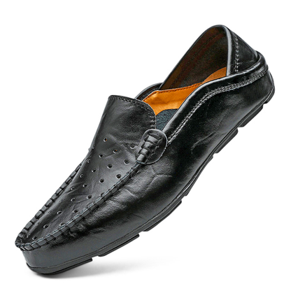Herren Sommer-Loafer Aus Schwarzem Leder Mit Perforationen Und Anti-Schock-Sohle