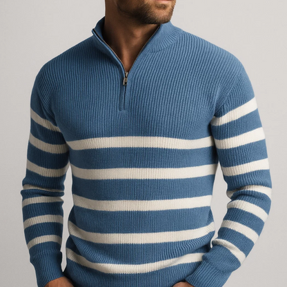 Men's zip sweater with ribbed texture and stripe pattern, stand-up collar