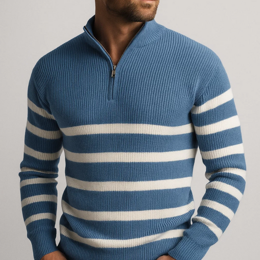 Herren Zip-Pullover mit Rippstruktur und Streifenmuster, Stehkragen
