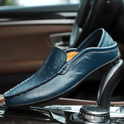 Herren Sommer-Loafer Aus Schwarzem Leder Mit Perforationen Und Anti-Schock-Sohle