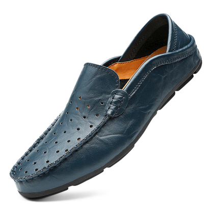 Herren Sommer-Loafer Aus Schwarzem Leder Mit Perforationen Und Anti-Schock-Sohle