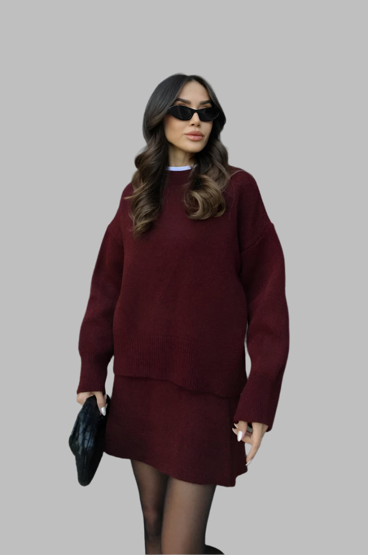 Damen Gestricktes Zweiteiliges Set Mit Oversize-Pullover Und Eng Anliegendem Rock