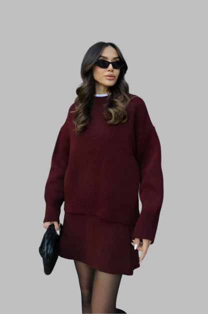 Damen Gestricktes Zweiteiliges Set Mit Oversize-Pullover Und Eng Anliegendem Rock